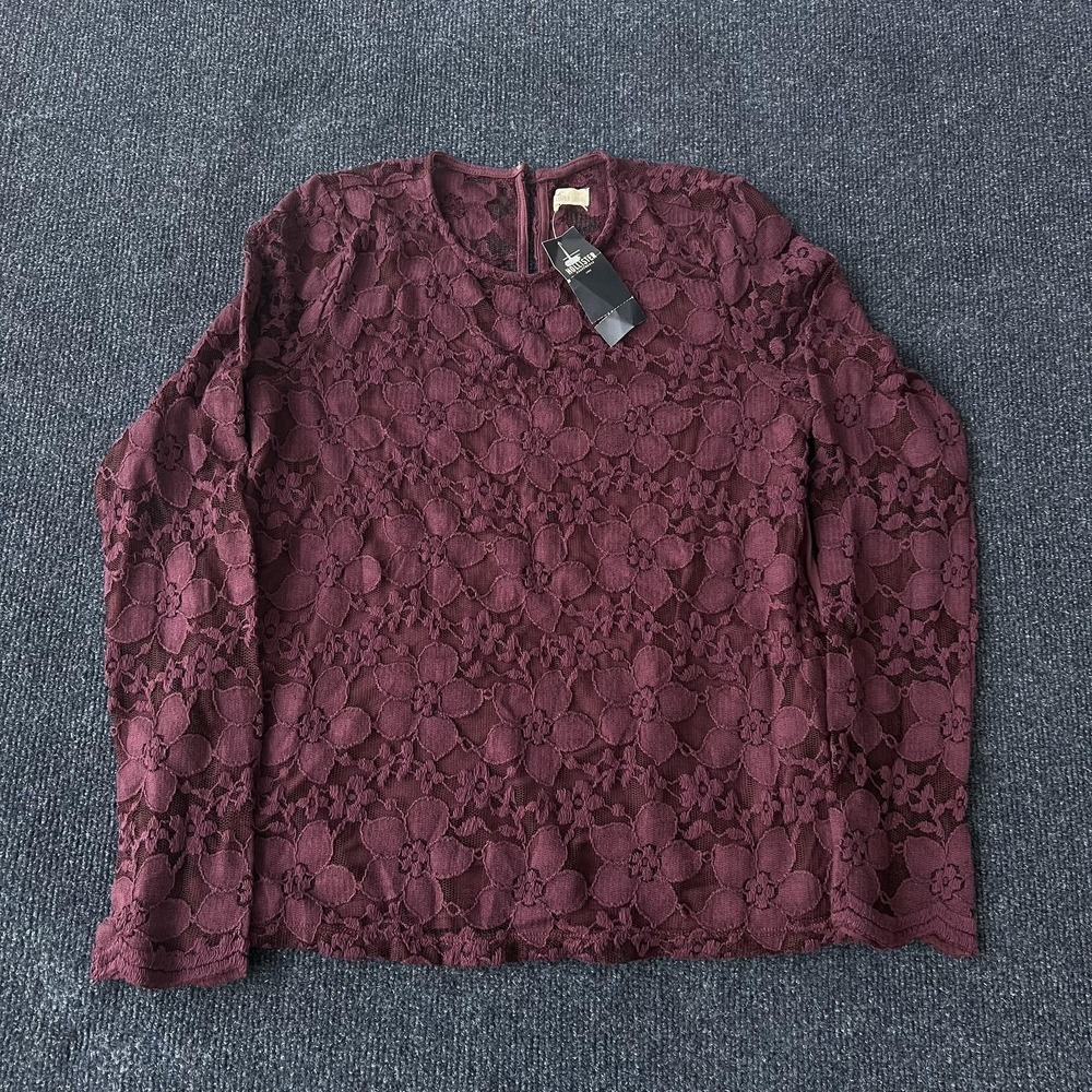 Hollister Shirt Womens Small Burgundy Lace Floral Long Sleeve Crewneck Lined Top